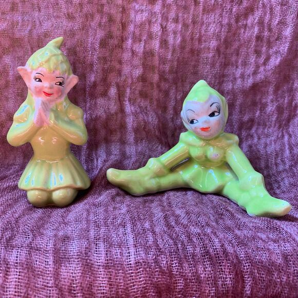 Vintage Mid Century Green Fairy Elf Pixie Figurines - Picture 1 of 8